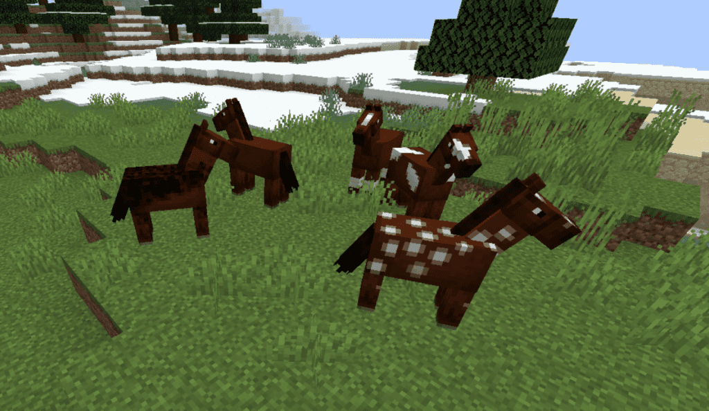 5 Brown Minecraft Horses With Different Markings (left to right Black Dots, None, White Stockings and Blaze, White Field, and White Spots)