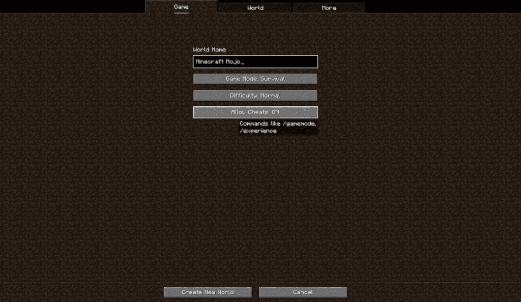 Enable cheats on minecraft new world Step 3 click on allow cheats and create the world