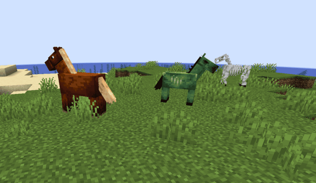 The Three Variations of the Minecraft Horse: Normal (left), Zombie Horse (middle), and Skeleton Horse (right)