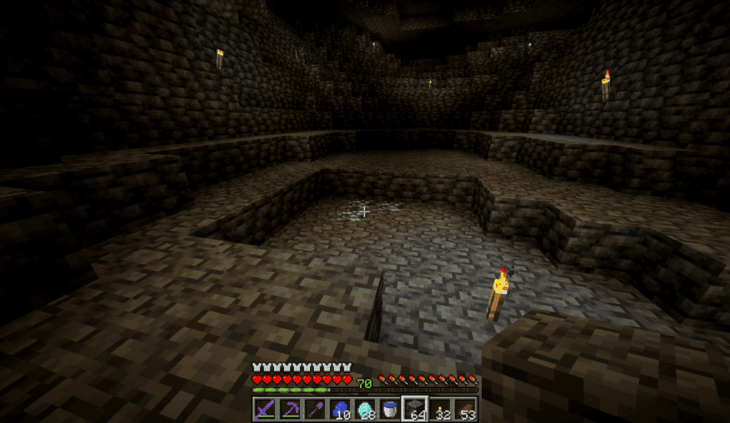 3 diamonds in a deep cave in Minecraft