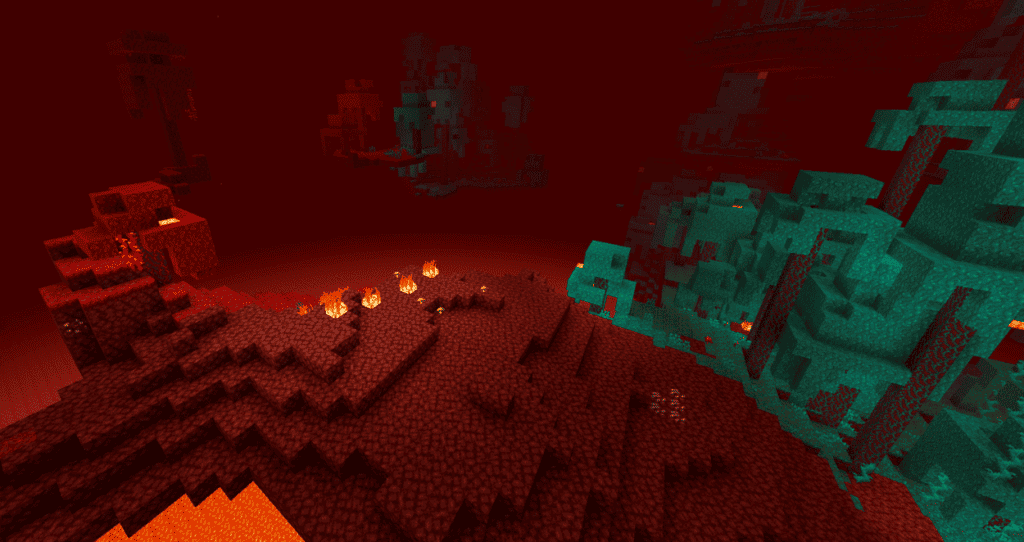 Crimson Forest on the left, Wrapped Forest on the right, and the Nether Wastes in the middle