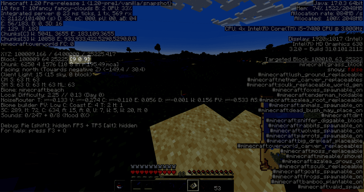 Finding a buried treasure in Mincraft - debug F3 screen with location inside the chunk marked