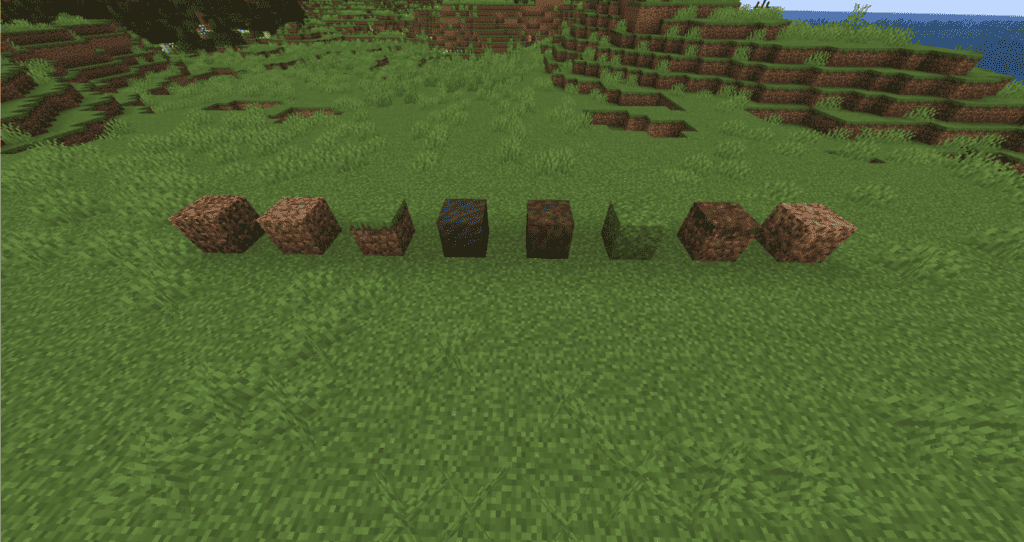 From left to right coarse dirt, dirt, grass, mud, muddy mangrove roots, moss, podzol, and rooted dirt