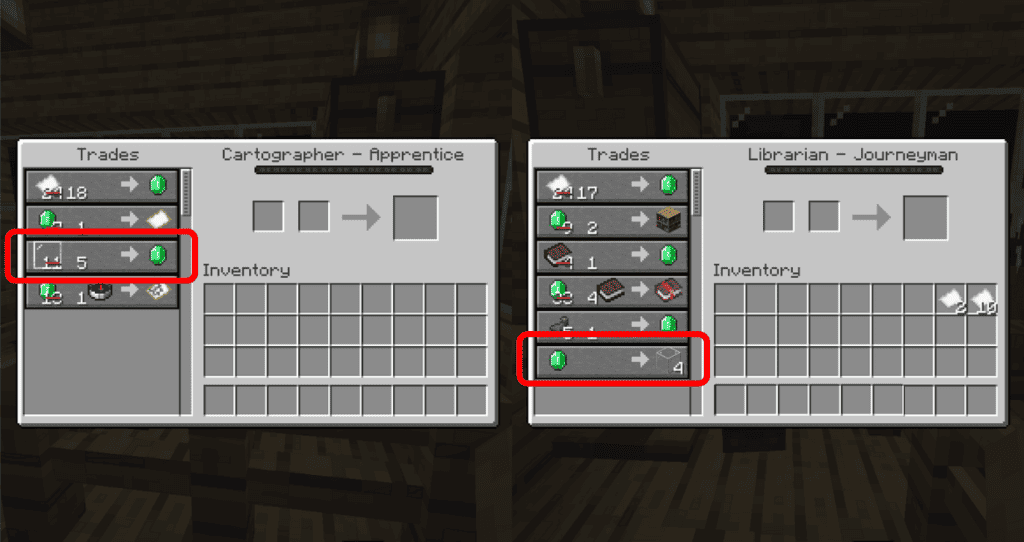 The required trades from the apprentice cartographer and the librarian journeyman to get infinite emeralds in Minecraft