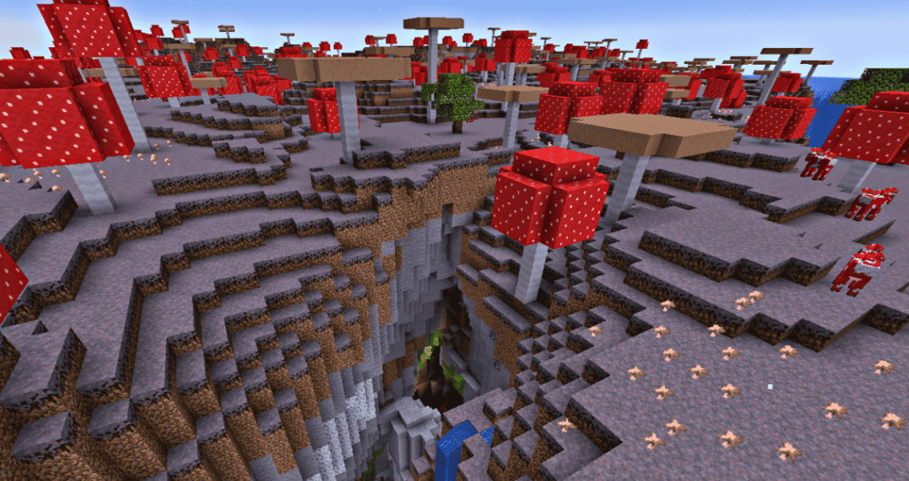The view of a mushroom fields biome with a lush cave peaking out of a revine
