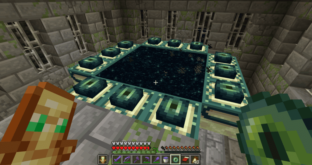 A lit portal inside the Minecraft Stronghold