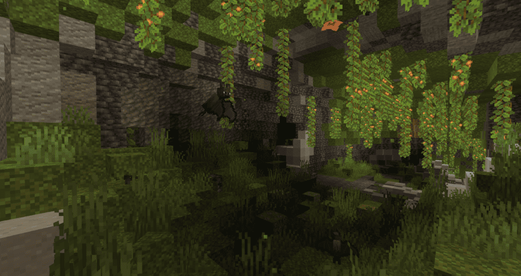 A bat flying in a lush cave biome