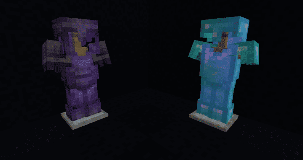 A full set of netherite armor (left) and a full set of diamond armor (right)