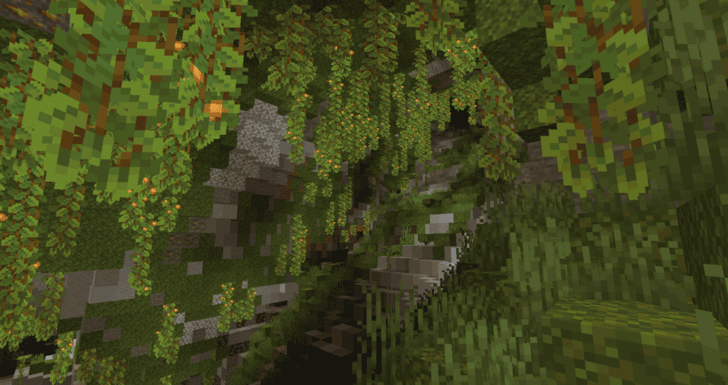 Glow berries, moss blocks, and clay blocks inside a lush cave biome