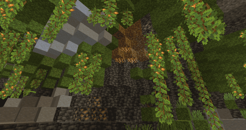 Hanging roots, rooted dirt, clay blocks, glow berries, and moss blocks