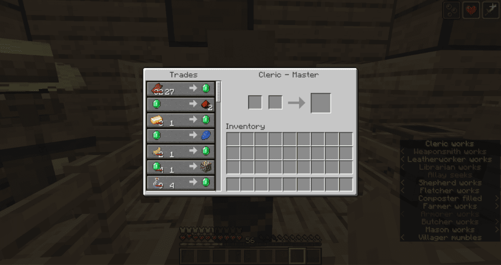 Trading UI of a Cleric villager