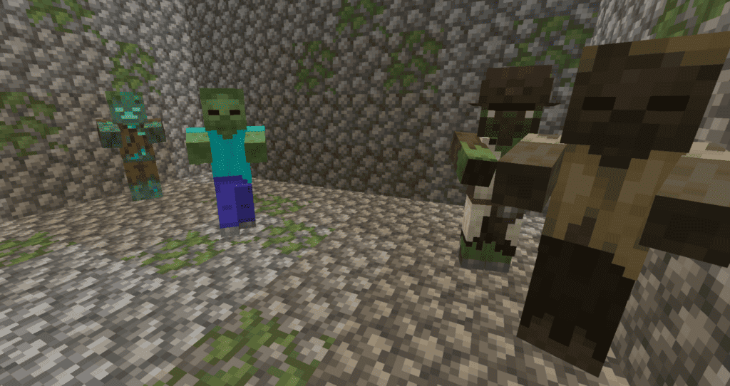 Zombie variants, from left to right_ Drowned, Zombie, Zombie Villager, and Husk